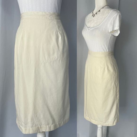 Vintage Pencil Skirt Size 8 Cream Off White Solid Midi Preppy Minimalist 80s 90s - Picture 1 of 14